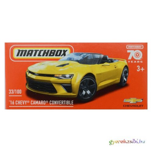 Matchbox: 2016 Chevy Camaro Convertible sárga kisautó papírdobozban 1/64 - Mattel